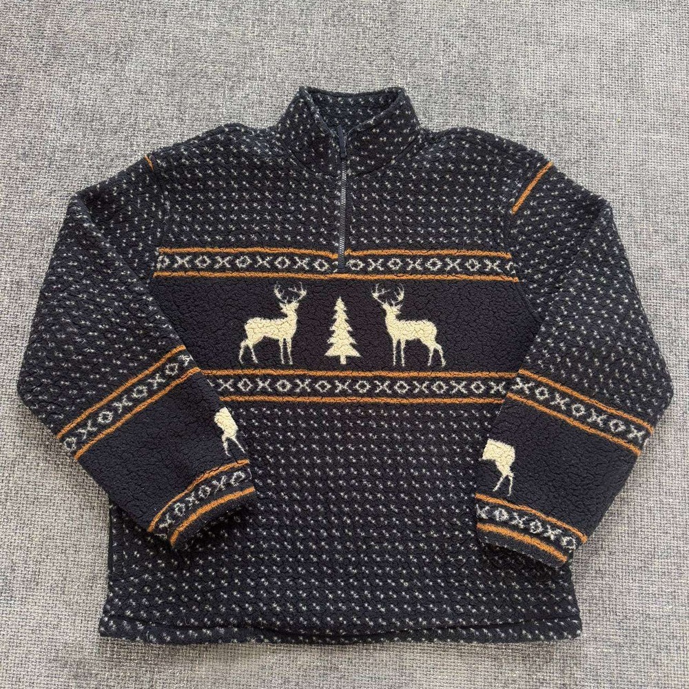 Vintage Fleece Quarter Zip Mens XL Navy Deer Nordic Sherpa Pullover Sweater